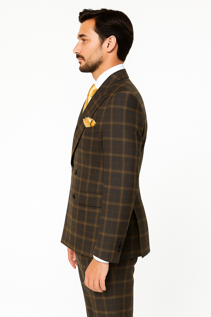 Rossiman Classic Wool Suit Brown Windowpane Plaid Double-Breasted Formalwear - New Arrival