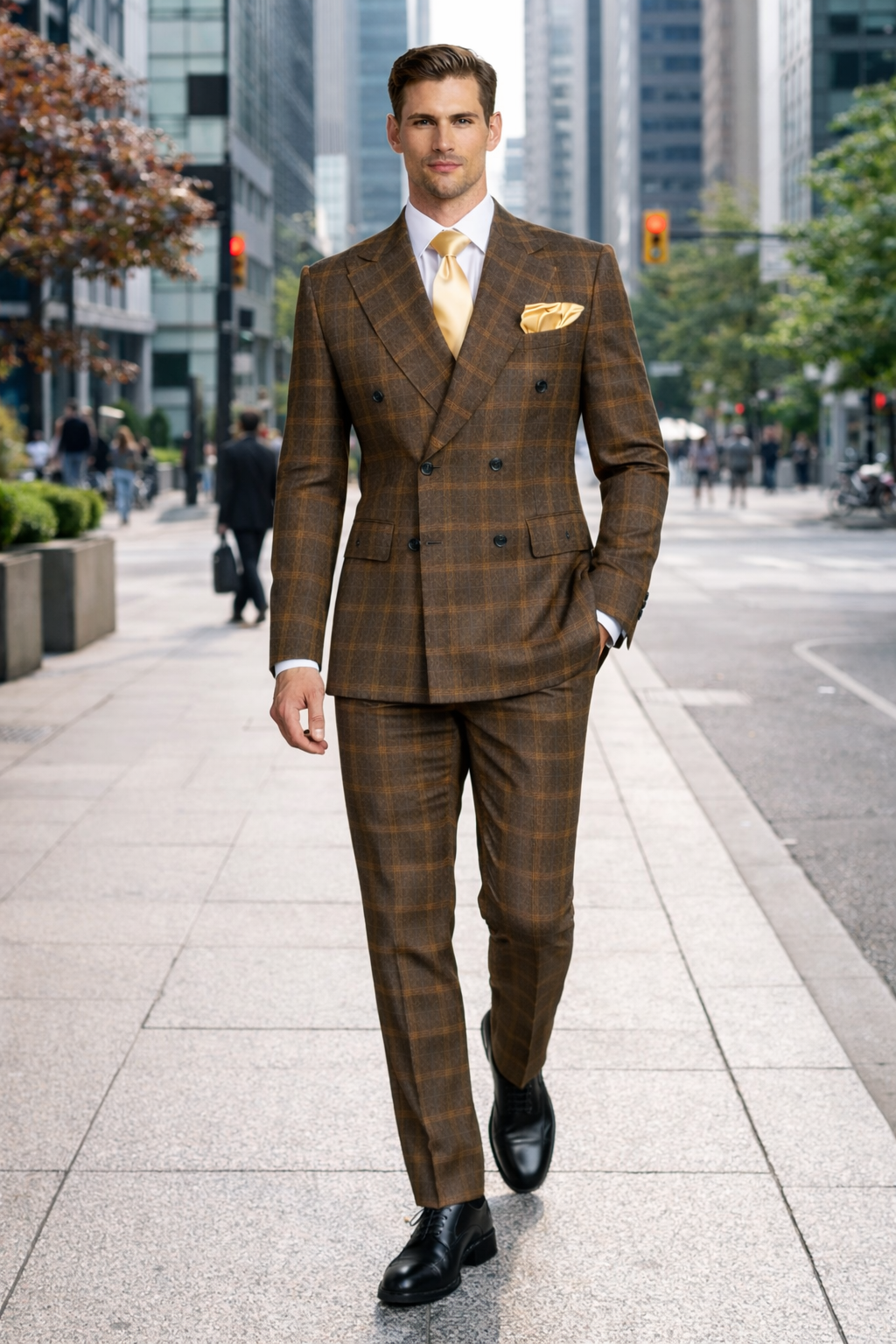 Rossiman Classic Wool Suit Brown Windowpane Plaid Double-Breasted Formalwear-New Designer Collection