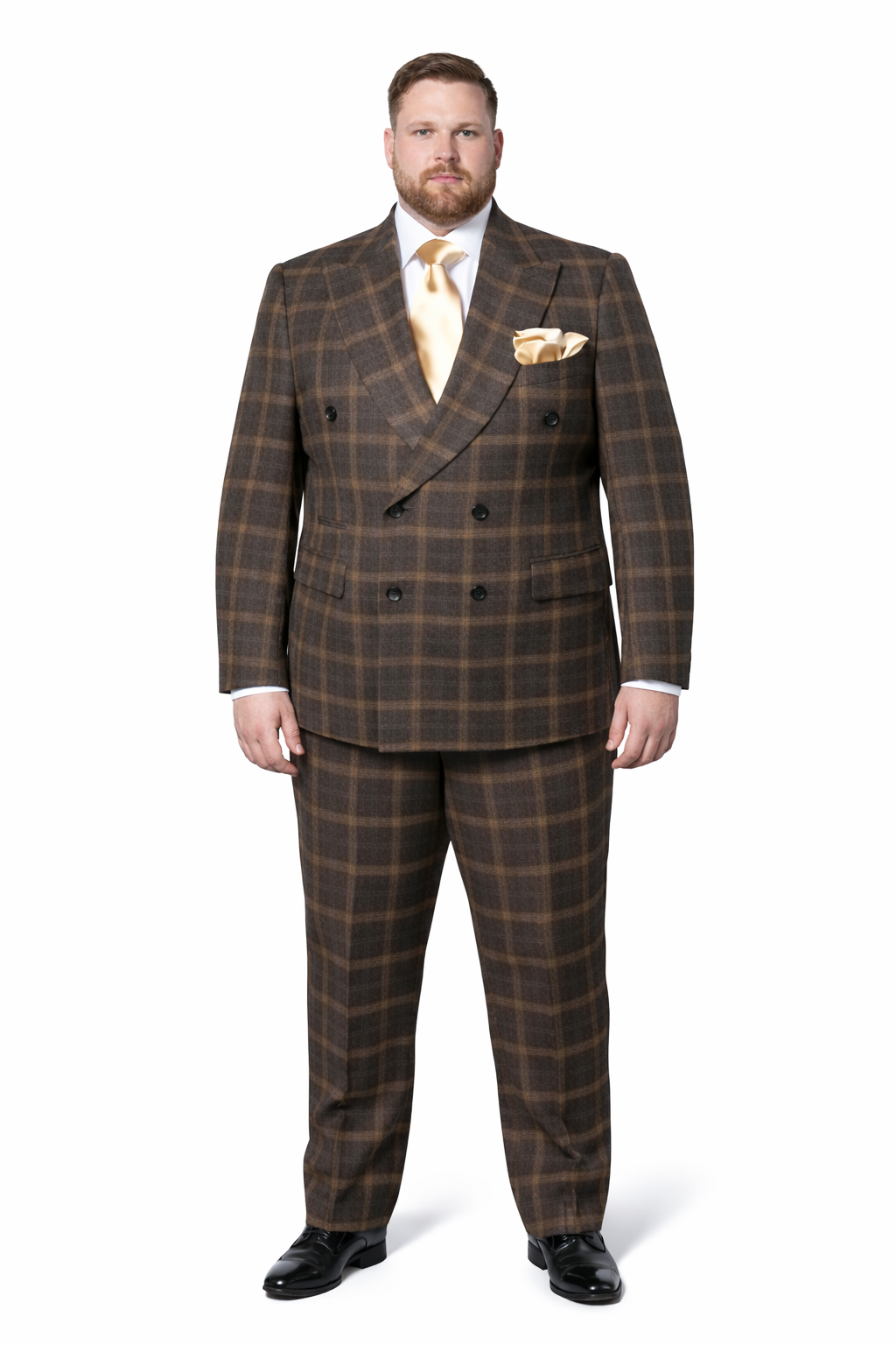 Rossiman Classic Wool Suit Brown Windowpane Plaid Double-Breasted Formalwear-New Designer Collection