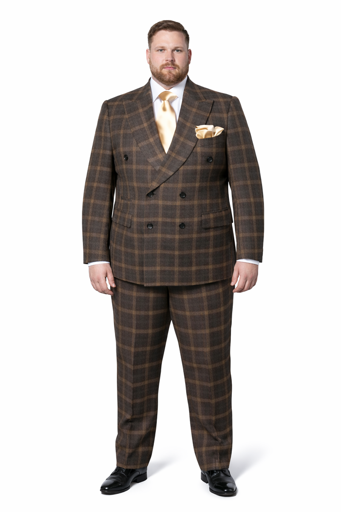Rossiman Classic Wool Suit Brown Windowpane Plaid Double-Breasted Formalwear-New Designer Collection
