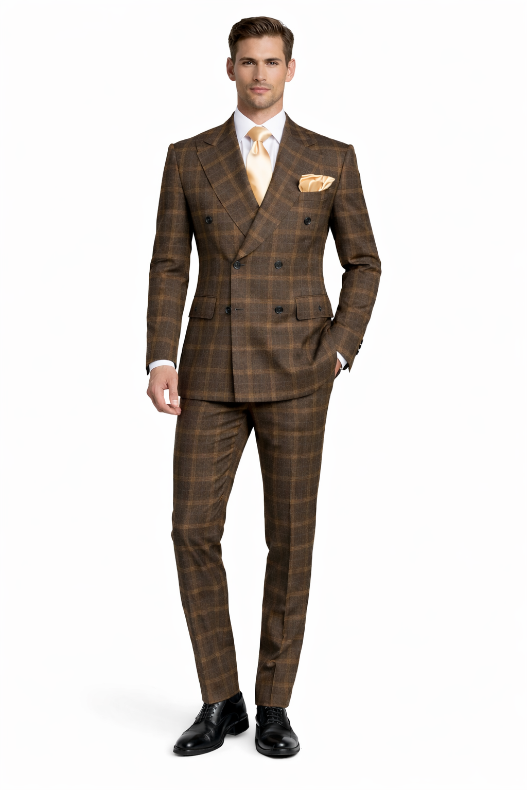 Rossiman Classic Wool Suit Brown Windowpane Plaid Double-Breasted Formalwear-New Designer Collection