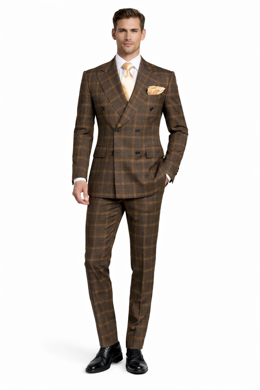 Rossiman Classic Wool Suit – Brown Windowpane Plaid Double-Breasted Formalwear-New Designer Collection