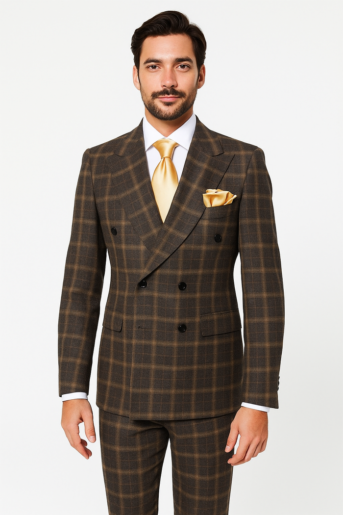 Rossiman Classic Wool Suit Brown Windowpane Plaid Double-Breasted Formalwear - New Arrival
