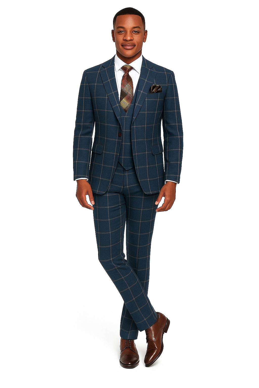 Rossiman Mens Navy & Gray Plaid Suit - Classic Windowpane Double-Breasted Design