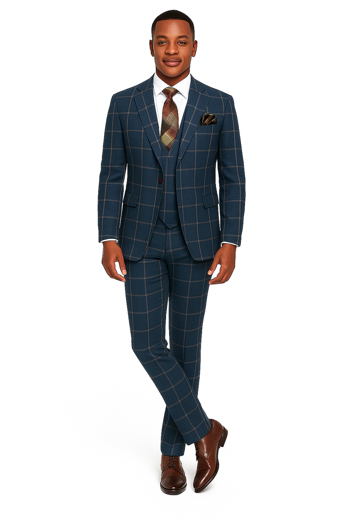 Rossiman Mens Navy & Gray Plaid Suit - Classic Windowpane Double-Breasted Design