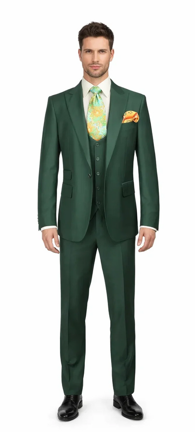 Rossiman Hunter Green Slim Fit Men's Suit 3-Piece Vested Set with Flat Front Trousers