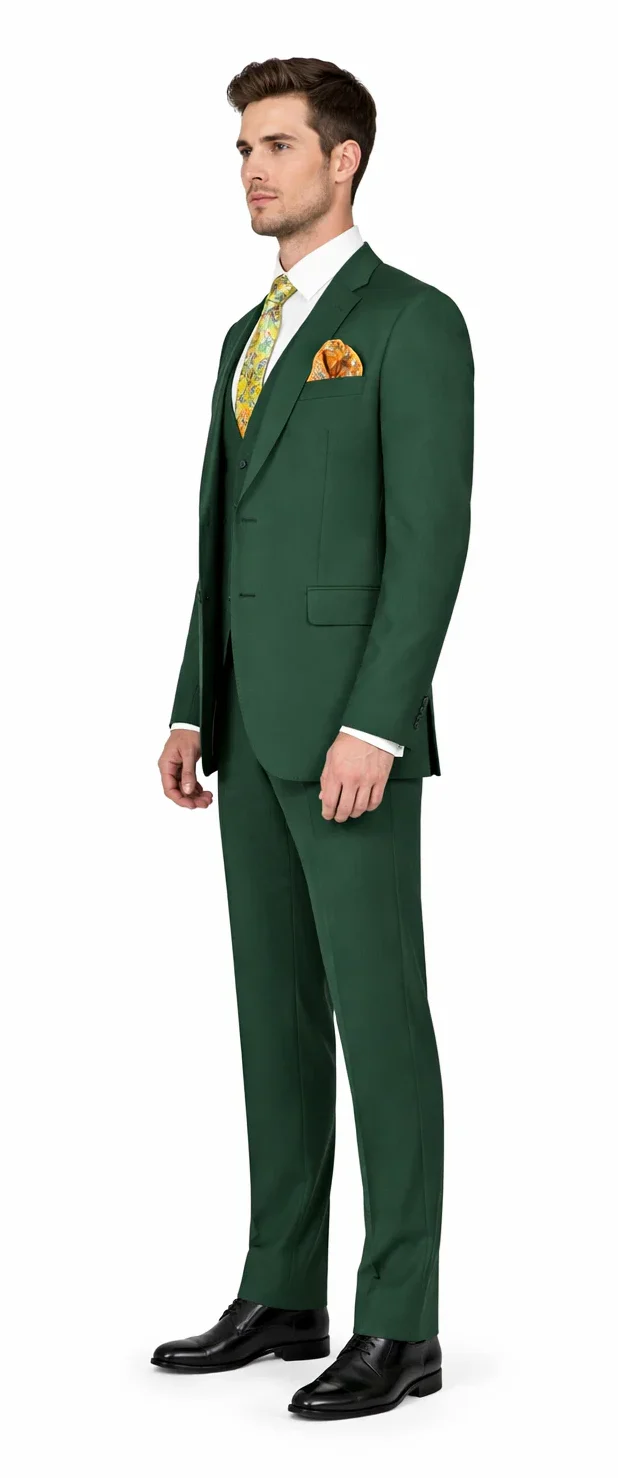 Rossiman Hunter Green Slim Fit Men's Suit 3-Piece Vested Set with Flat Front Trousers