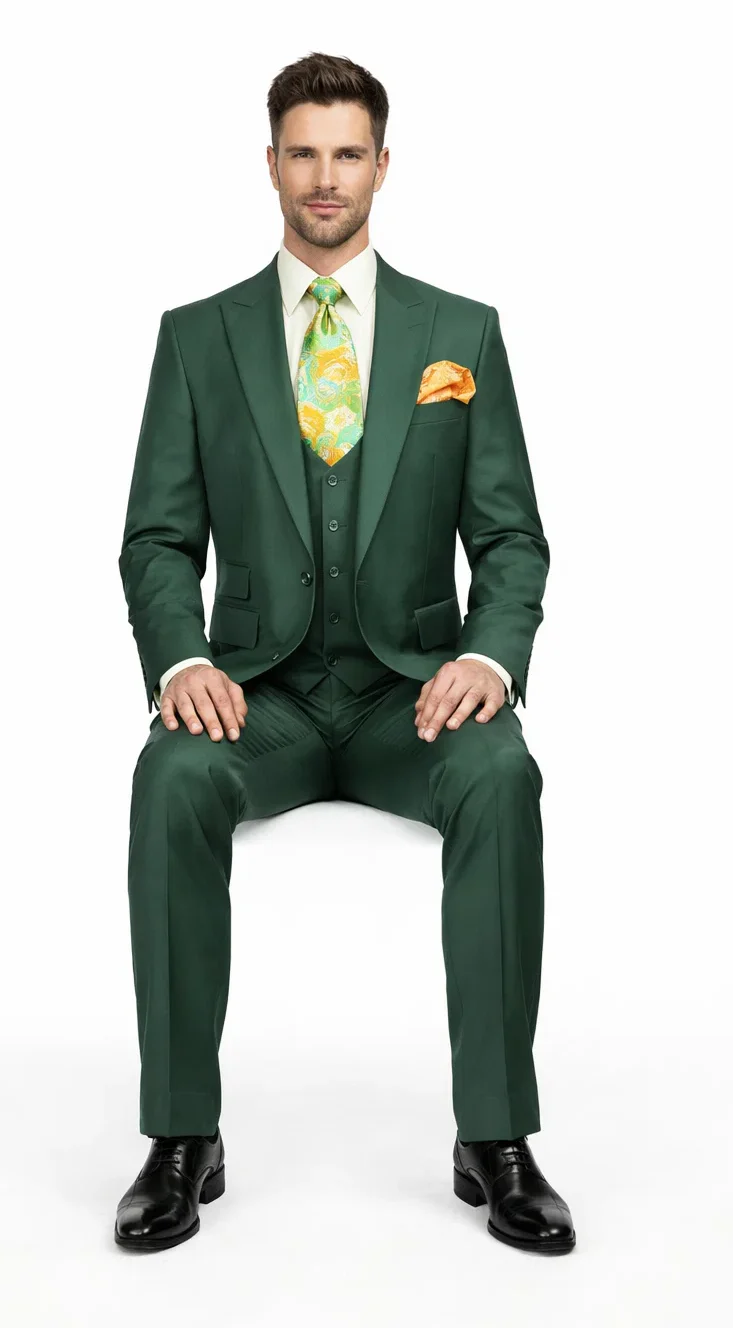 Rossiman Hunter Green Slim Fit Men's Suit â€“ 3-Piece Vested Set with Flat Front Trousers - 38 Short Jacket+32 Waist Adjustable 28to34)(Height: 5’4”to5’7”)(Neck 15-16.5)S-M)