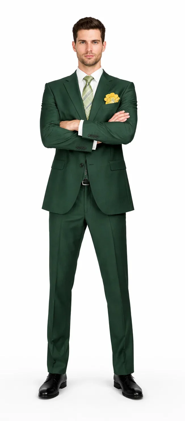 Rossiman Hunter Green Slim Fit Men's Suit â€“ 3-Piece Vested Set with Flat Front Trousers - 38 Short Jacket+32 Waist Adjustable 28to34)(Height: 5’4”to5’7”)(Neck 15-16.5)S-M)