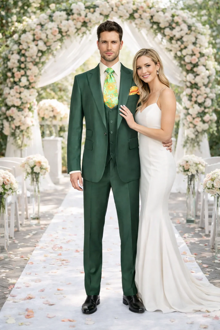 Rossiman Hunter Green Slim Fit Men's Suit 3-Piece Vested Set with Flat Front Trousers