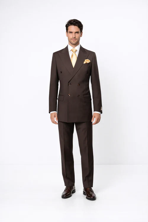 Suits With Baggy Pleated Pants - Wide Leg Pants 100% Wool - Classic Fit in Brown Color by Rossiman