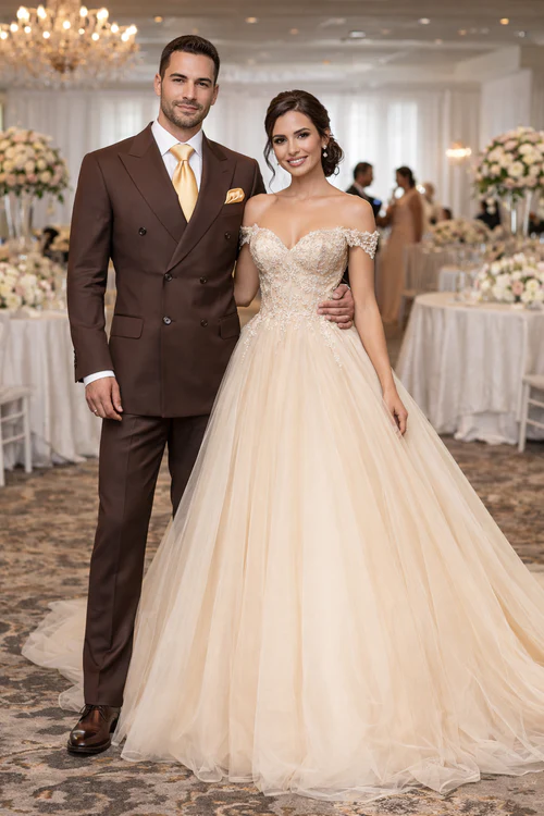 Suits With Baggy Pleated Pants - Wide Leg Pants 100% Wool - Classic Fit in Brown Color by Rossiman - 38 Regular