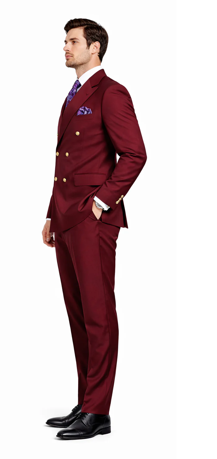 Rossiman Men's Burgundy Slim Fit Formal Suit Modern Double-Breasted Jacket