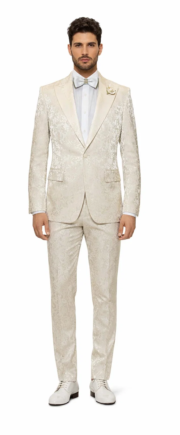 Mens Champaign Ivory  Jacquard Paisley Tuxedo Suit with Satin Shawl Lapel â€“ Elegant Wedding and Prom Outfit By Rossiman