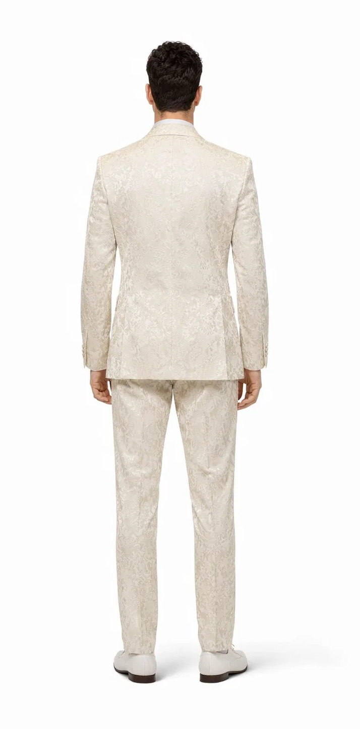 Mens Champaign Ivory  Jacquard Paisley Tuxedo Suit with Satin Shawl Lapel â€“ Elegant Wedding and Prom Outfit By Rossiman