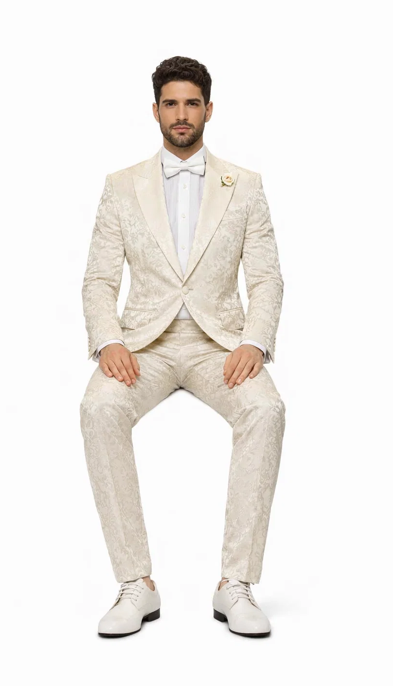 Mens Champaign Ivory  Jacquard Paisley Tuxedo Suit with Satin Shawl Lapel â€“ Elegant Wedding and Prom Outfit By Rossiman