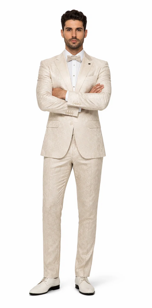 Mens Champaign Ivory  Jacquard Paisley Tuxedo Suit with Satin Shawl Lapel â€“ Elegant Wedding and Prom Outfit By Rossiman