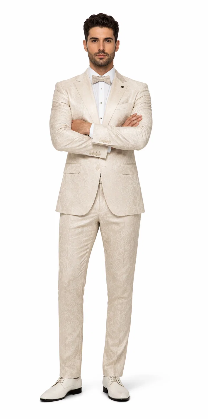 Mens Champaign Ivory  Jacquard Paisley Tuxedo Suit with Satin Shawl Lapel â€“ Elegant Wedding and Prom Outfit By Rossiman