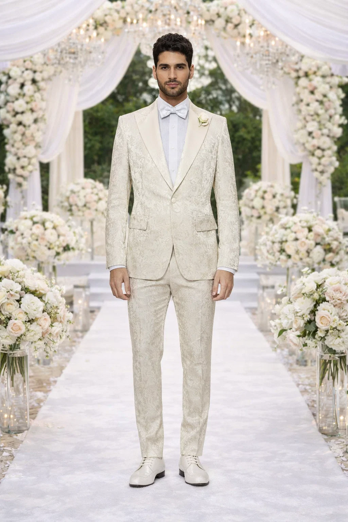 Mens Champaign Ivory  Jacquard Paisley Tuxedo Suit with Satin Shawl Lapel â€“ Elegant Wedding and Prom Outfit By Rossiman