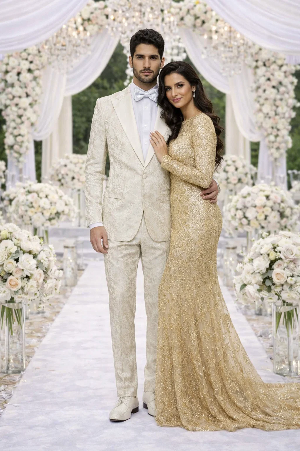 Mens Champaign Ivory  Jacquard Paisley Tuxedo Suit with Satin Shawl Lapel â€“ Elegant Wedding and Prom Outfit By Rossiman