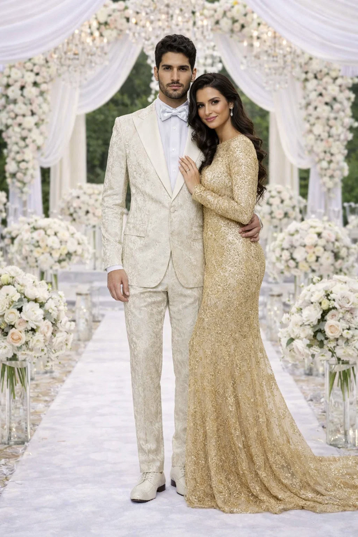 Mens Champaign Ivory  Jacquard Paisley Tuxedo Suit with Satin Shawl Lapel â€“ Elegant Wedding and Prom Outfit By Rossiman