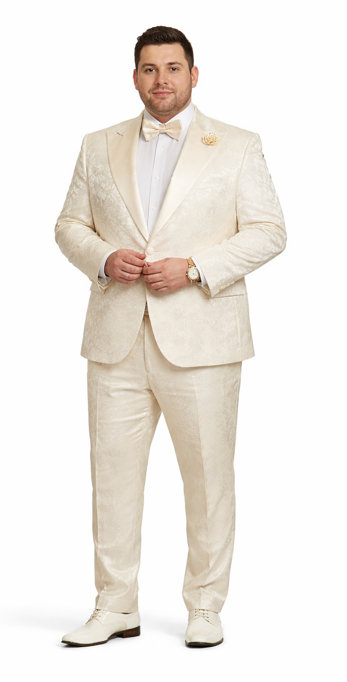Mens Champaign Ivory  Jacquard Paisley Tuxedo Suit with Satin Shawl Lapel â€“ Elegant Wedding and Prom Outfit By Rossiman