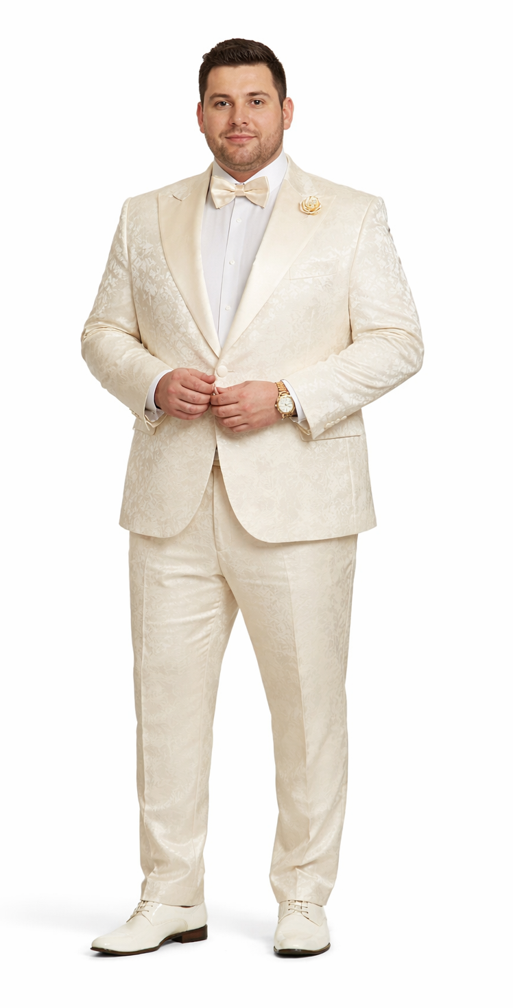 Mens Champaign Ivory  Jacquard Paisley Tuxedo Suit with Satin Shawl Lapel â€“ Elegant Wedding and Prom Outfit By Rossiman