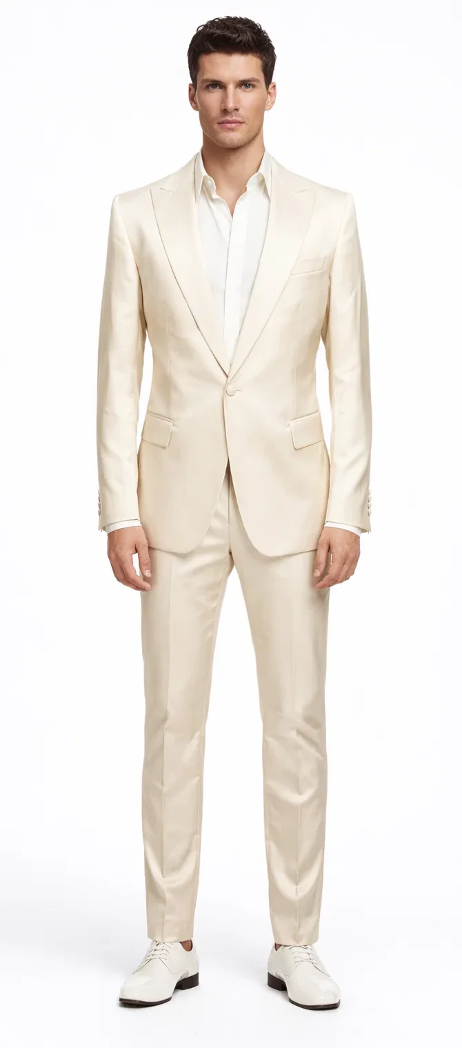 Rossiman Menâ€™s Cream Sateen Suit â€“ Elegant Glossy Formalwear - 38 Short Jacket+32 Waist Adjustable 28to34)(Height: 5’4”to5’7”)(Neck 15-16.5)S-M)