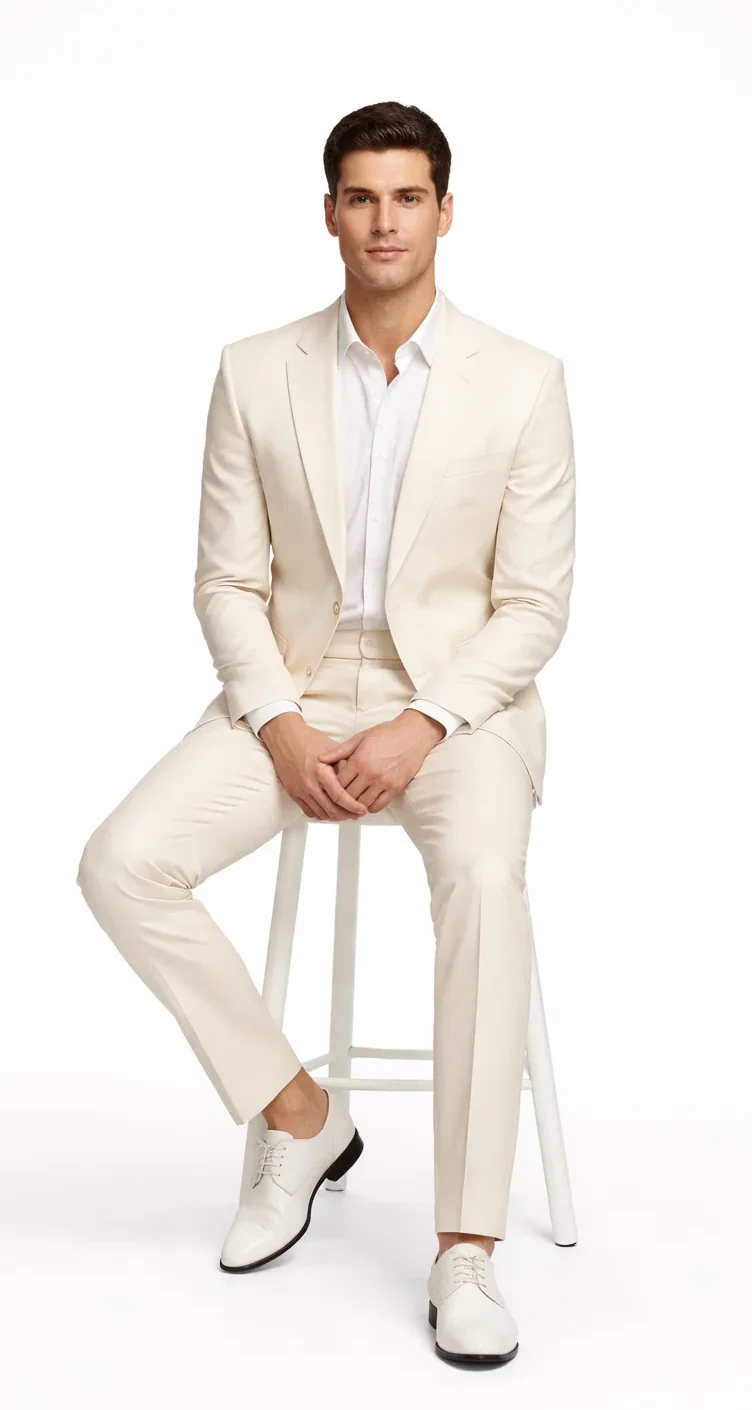 Rossiman Menâ€™s Cream Sateen Suit â€“ Elegant Glossy Formalwear - 38 Short Jacket+32 Waist Adjustable 28to34)(Height: 5’4”to5’7”)(Neck 15-16.5)S-M)