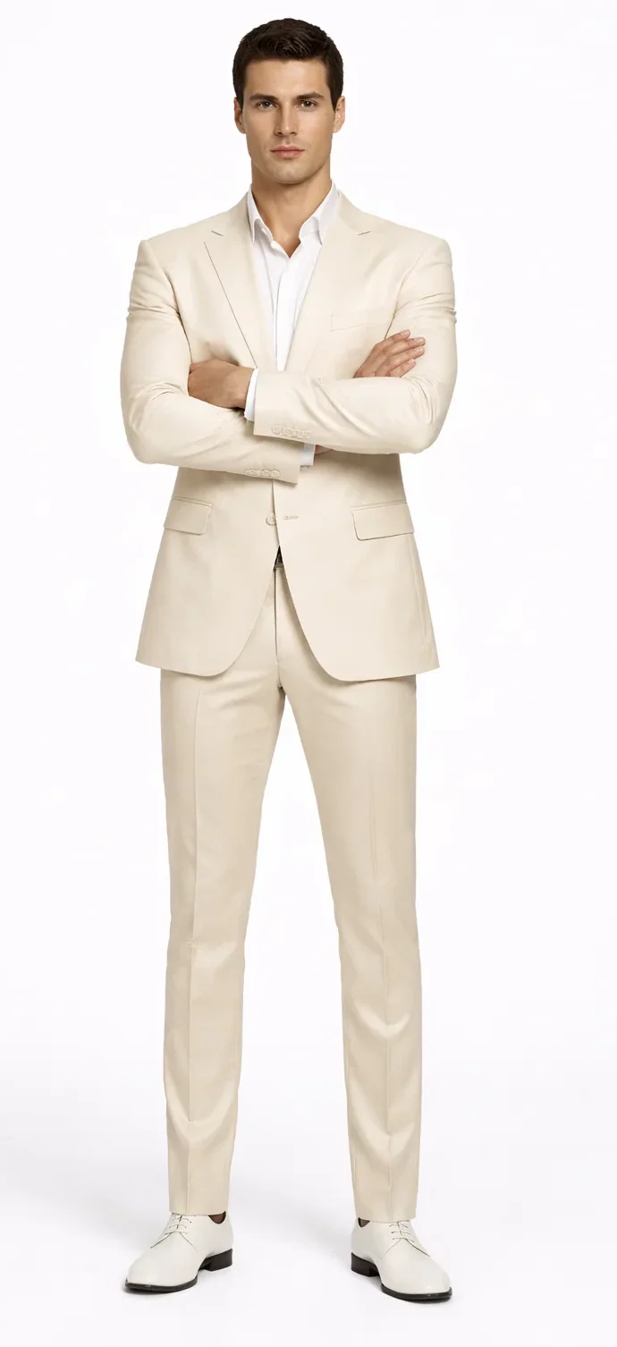 Rossiman Menâ€™s Cream Sateen Suit â€“ Elegant Glossy Formalwear - 38 Short Jacket+32 Waist Adjustable 28to34)(Height: 5’4”to5’7”)(Neck 15-16.5)S-M)