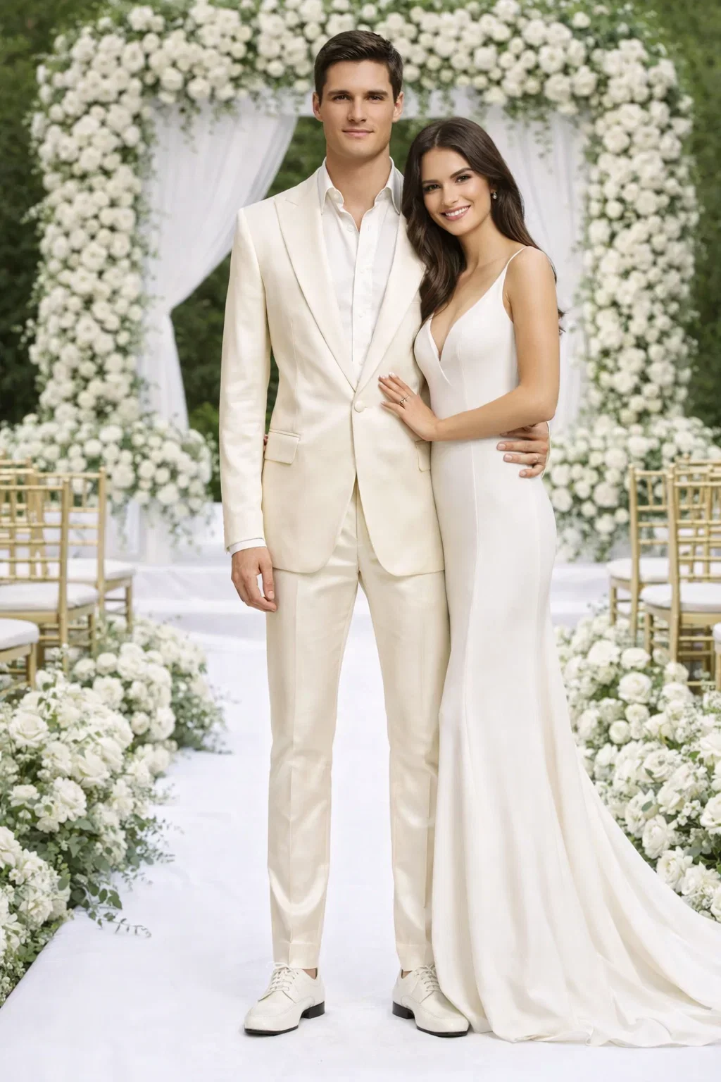 Rossiman Menâ€™s Cream Sateen Suit â€“ Elegant Glossy Formalwear - 38 Short Jacket+32 Waist Adjustable 28to34)(Height: 5’4”to5’7”)(Neck 15-16.5)S-M)