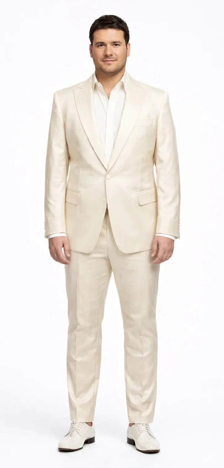 Rossiman Menâ€™s Cream Sateen Suit â€“ Elegant Glossy Formalwear - 38 Short Jacket+32 Waist Adjustable 28to34)(Height: 5’4”to5’7”)(Neck 15-16.5)S-M)