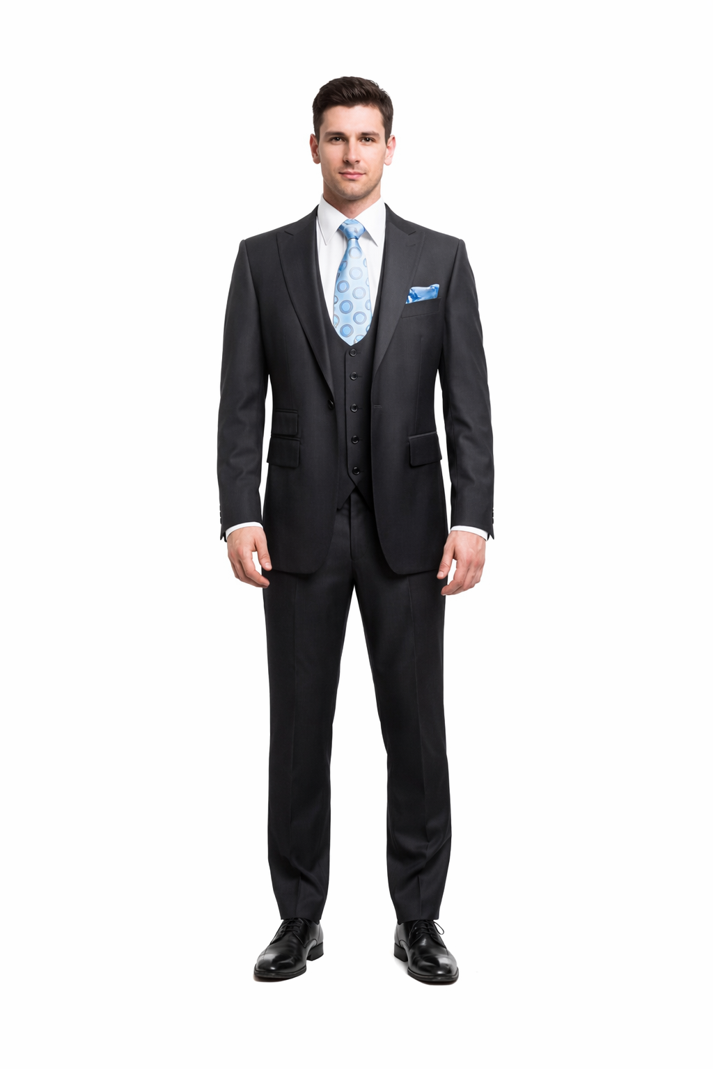 Rossiman Men's Dark Gray Slim Fit Suit – 3-Piece Vested Set with Flat Front Pants - 38 Short Jacket+32 Waist Adjustable 28to34)(Height: 5’4”to5’7”)(Neck 15-16.5)S-M)