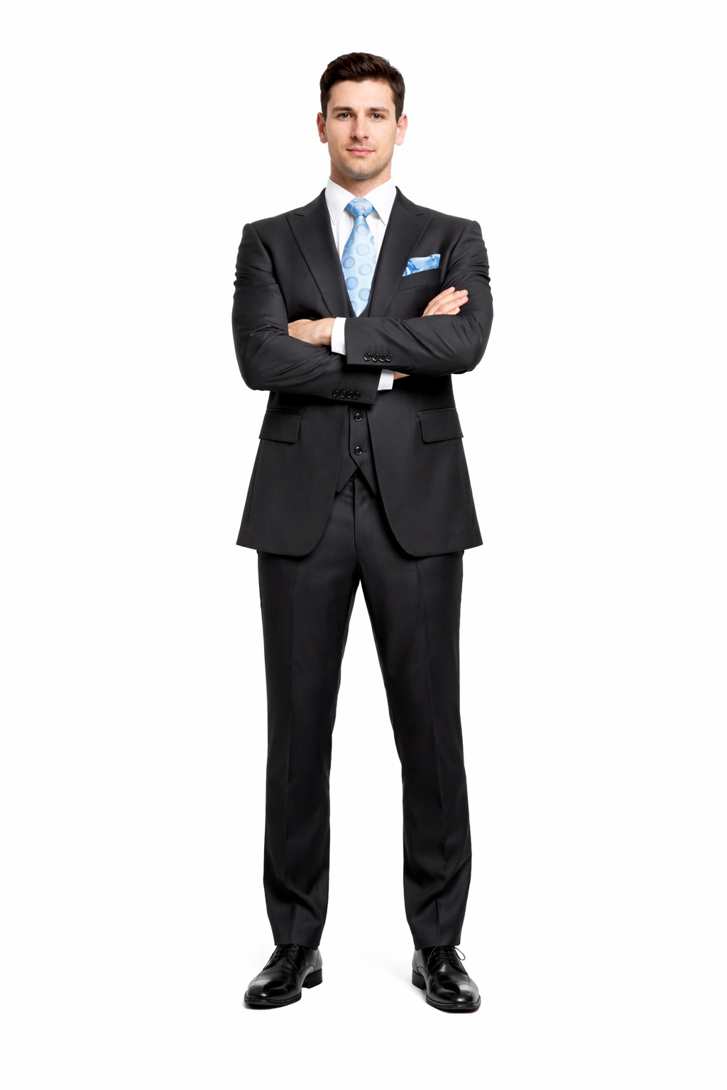 Rossiman Men's Dark Gray Slim Fit Suit – 3-Piece Vested Set with Flat Front Pants - 38 Short Jacket+32 Waist Adjustable 28to34)(Height: 5’4”to5’7”)(Neck 15-16.5)S-M)