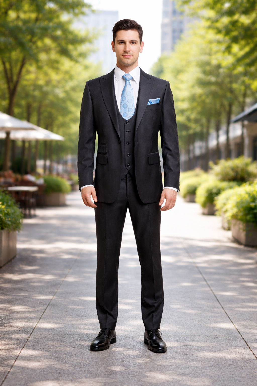 Rossiman Men's Dark Gray Slim Fit Suit – 3-Piece Vested Set with Flat Front Pants - 38 Short Jacket+32 Waist Adjustable 28to34)(Height: 5’4”to5’7”)(Neck 15-16.5)S-M)