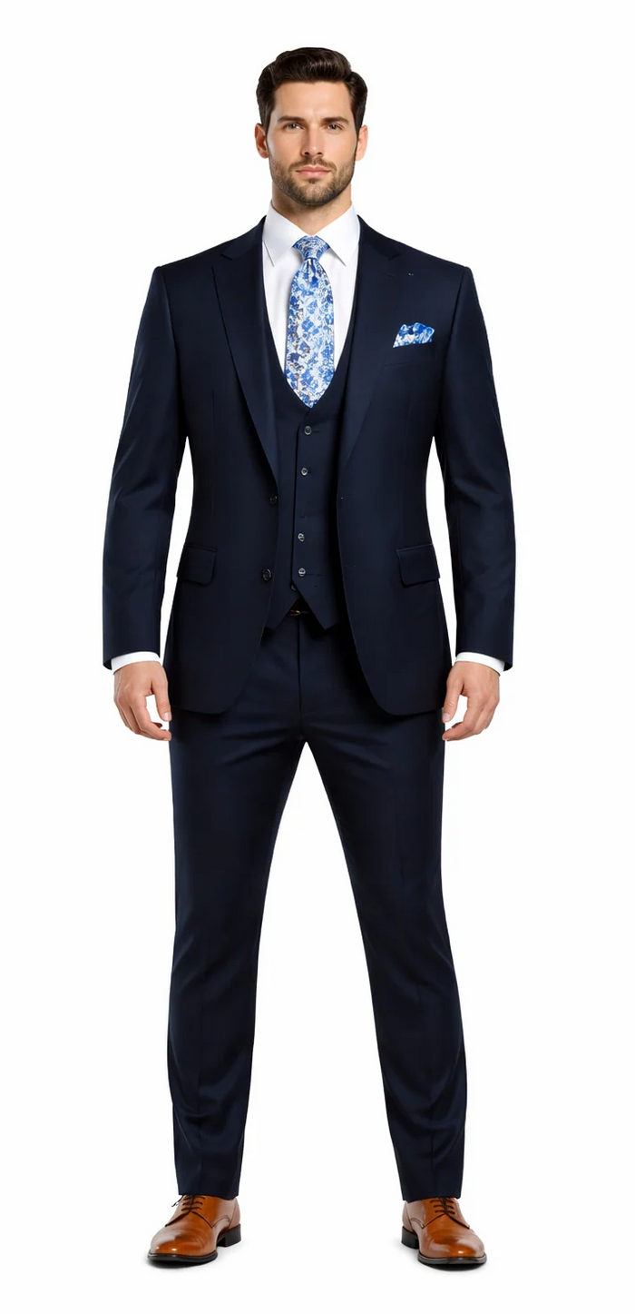 Rossiman Mens Formal Blue Suit Slim Fit Design with Vest and Trousers