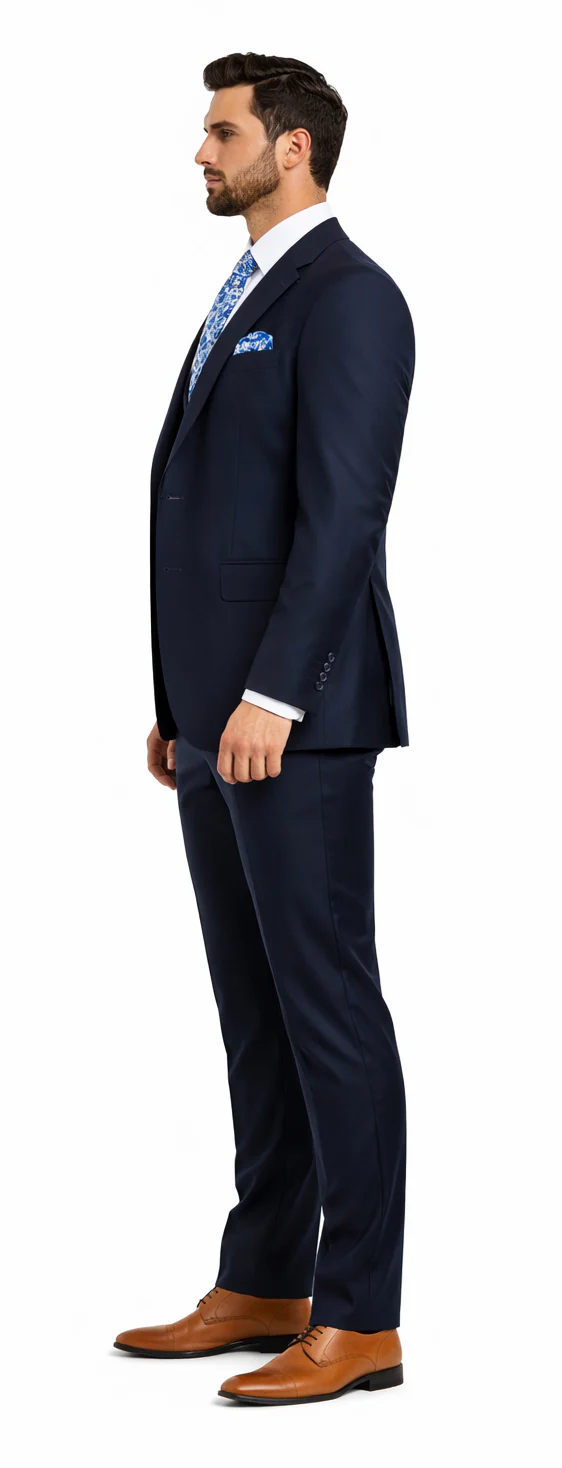 Rossiman Mens Formal Blue Suit Slim Fit Design with Vest and Trousers