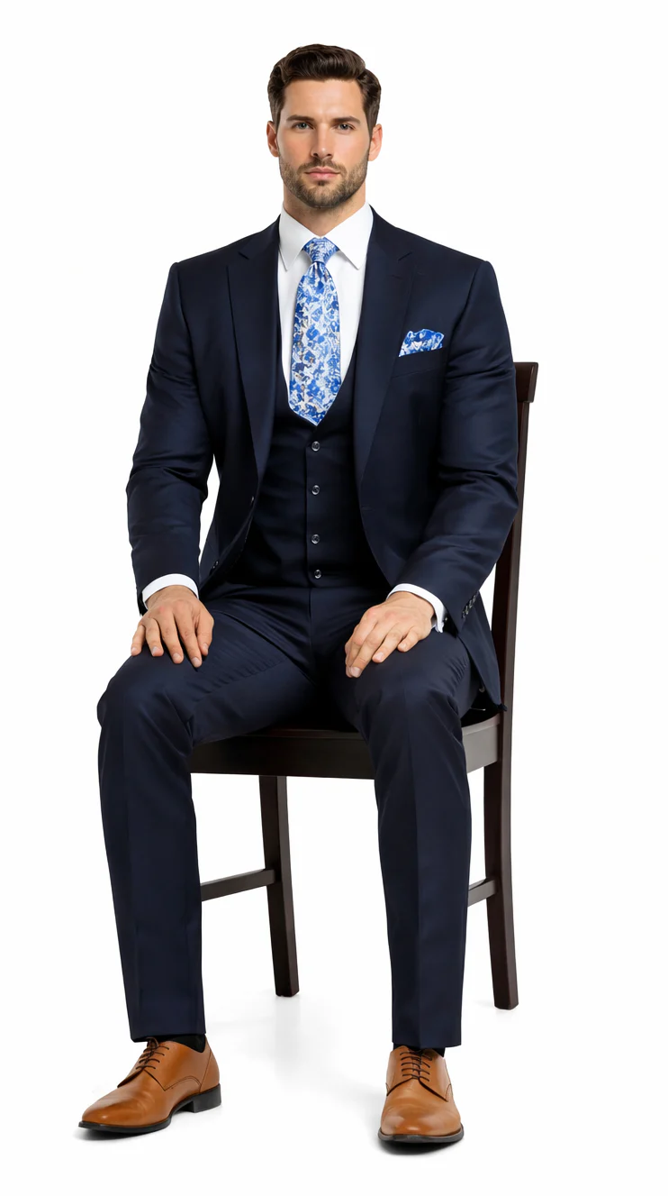 Rossiman Mens Formal Blue Suit Slim Fit Design with Vest and Trousers