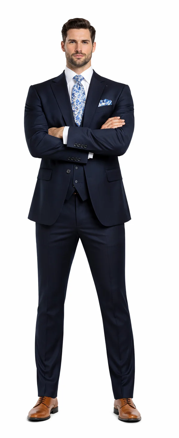 Rossiman Mens Formal Blue Suit Slim Fit Design with Vest and Trousers