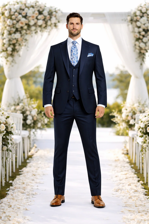 Rossiman Mens Formal Blue Suit Slim Fit Design with Vest and Trousers