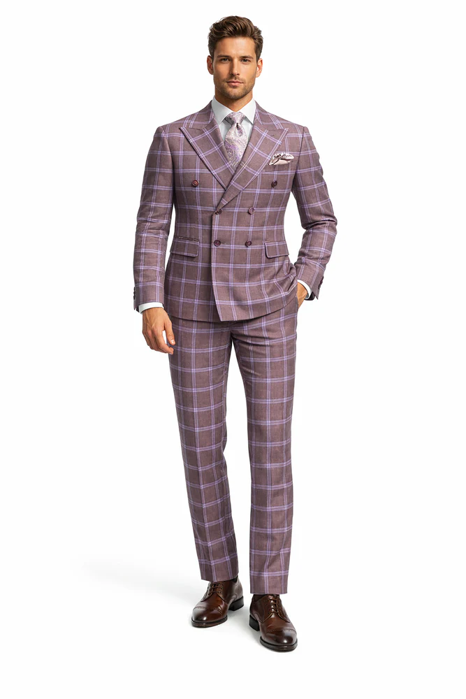 Rossiman Plaid Suit â€“ Gray & Lavender Textured Windowpane Double-Breasted Suit - 34 Short or Extra Small