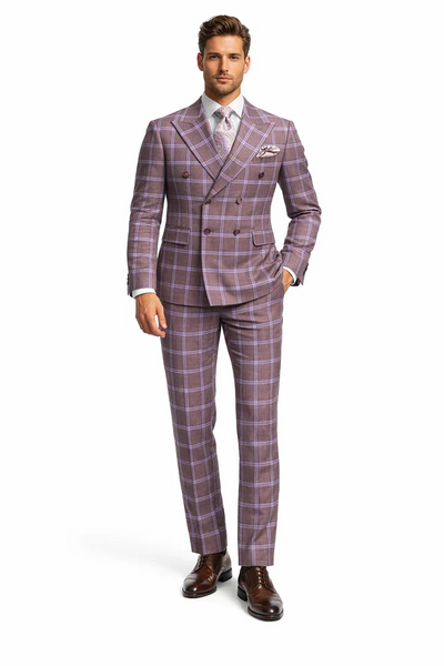 Rossiman Plaid Suit â€“ Gray & Lavender Textured Windowpane Double-Breasted Suit