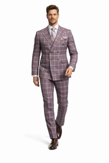 Rossiman Plaid Suit â€“ Gray & Lavender Textured Windowpane Double-Breasted Suit - 34 Short or Extra Small