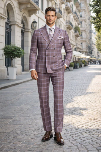 Rossiman Plaid Suit â€“ Gray & Lavender Textured Windowpane Double-Breasted Suit - 34 Short or Extra Small