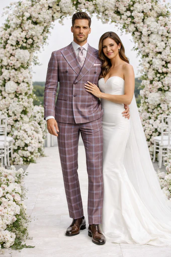 Rossiman Plaid Suit â€“ Gray & Lavender Textured Windowpane Double-Breasted Suit - 34 Short or Extra Small