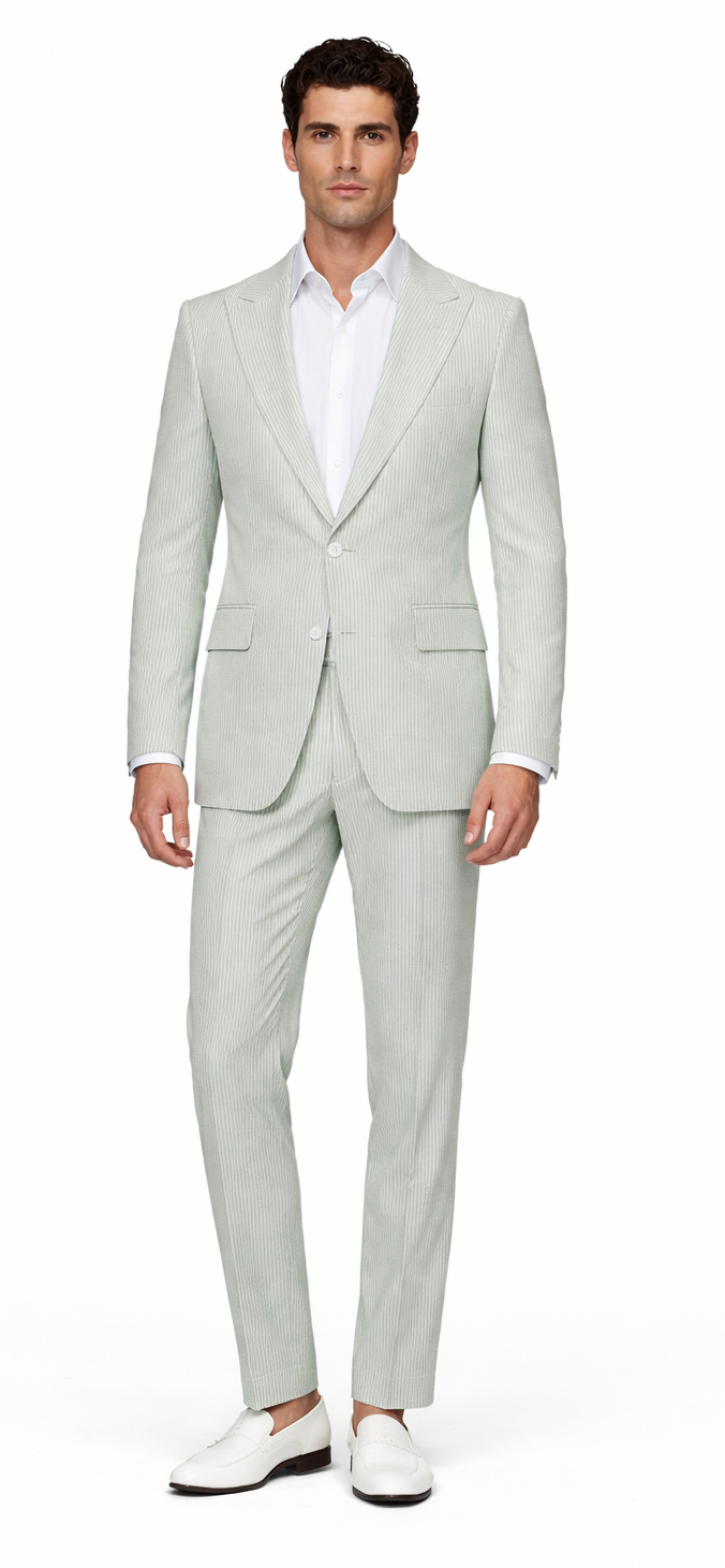Seersucker Suit Peak Lapel Suit in Color "Light Green" - Summer Fabric Tone on Tone Shadow Stripe By Rossiman