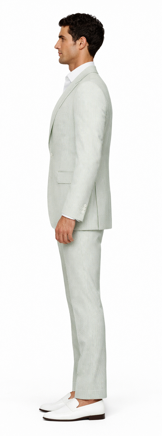 Seersucker Suit Peak Lapel Suit in Color "Light Green" - Summer Fabric Tone on Tone Shadow Stripe By Rossiman