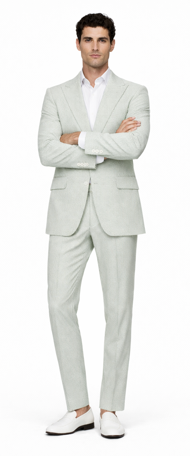 Seersucker Suit Peak Lapel Suit in Color "Light Green" - Summer Fabric Tone on Tone Shadow Stripe By Rossiman