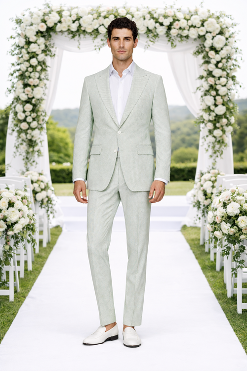 Seersucker Suit Peak Lapel Suit in Color "Light Green" - Summer Fabric Tone on Tone Shadow Stripe By Rossiman