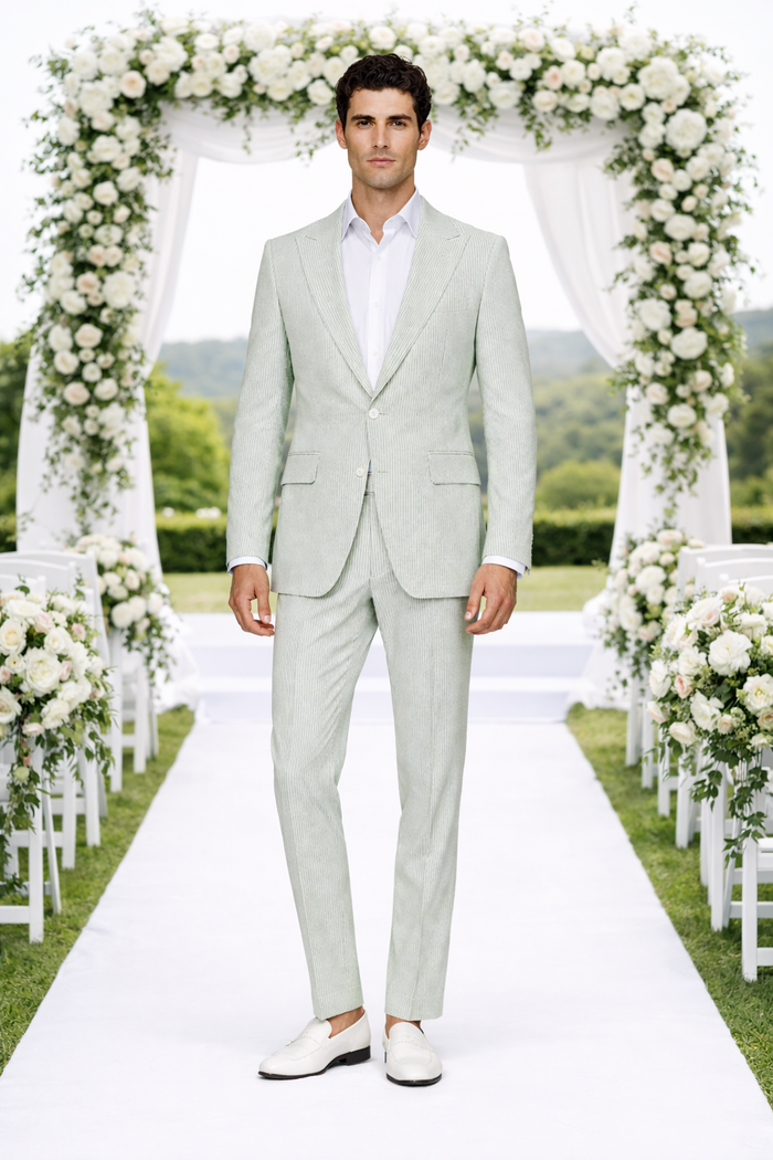 Seersucker Suit Peak Lapel Suit in Color "Light Green" - Summer Fabric Tone on Tone Shadow Stripe By Rossiman